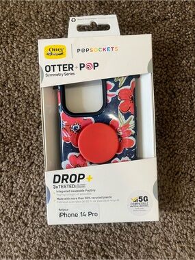 Otter+Pop Symmetry Series iPhone 14 Pro Case with Red PopGrip - Floral Navy